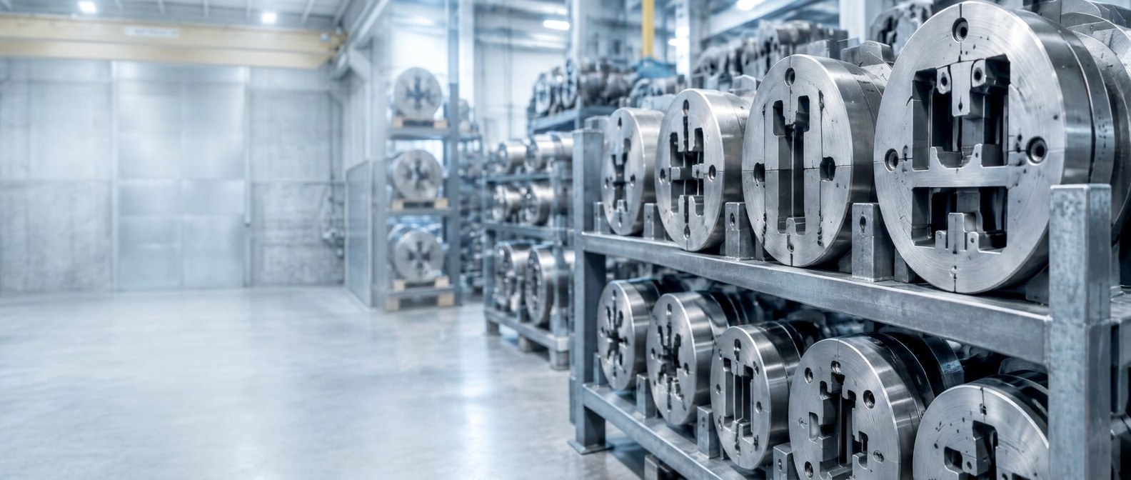 Steel extrusion dies stored on racks in the die shop