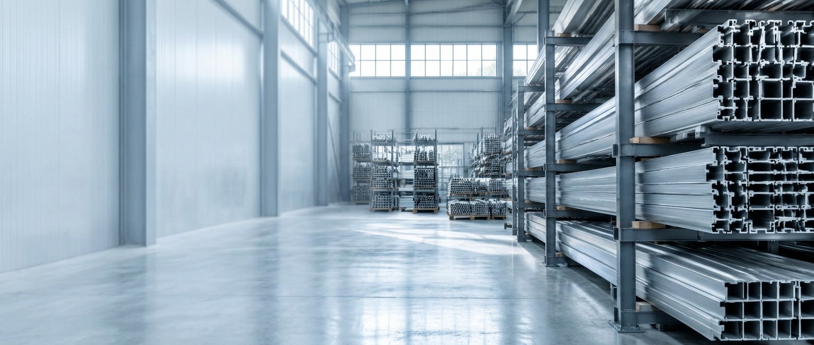 Extruded aluminium profiles stacked in storage racks
